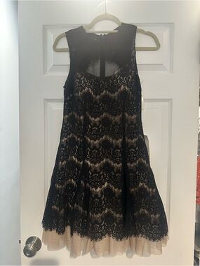 Betsy & Adam Black Lace Overlay Dress with Nude Underlay